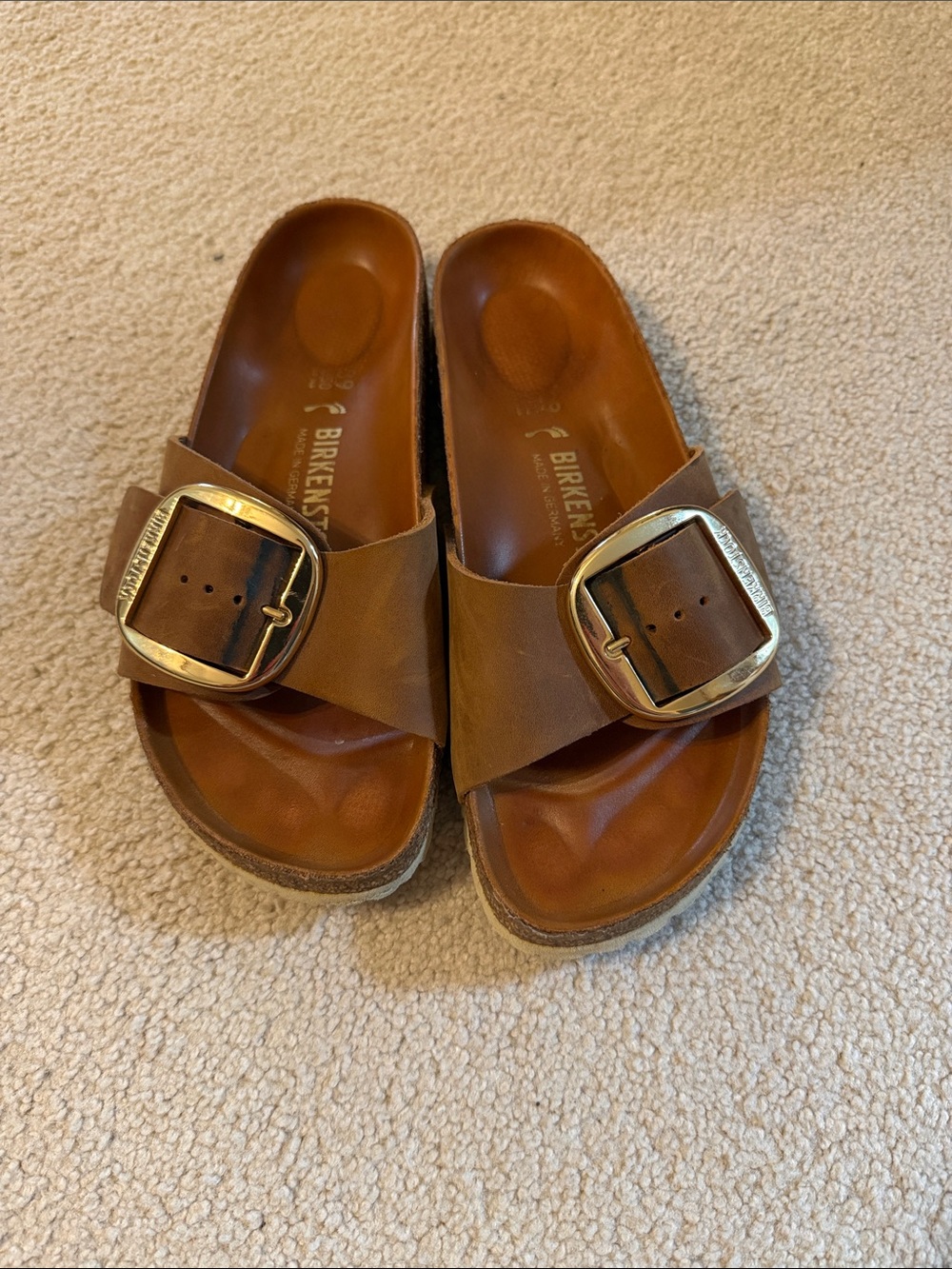 Birkenstock Brown Leather Slide Sandals with Gold Buckles